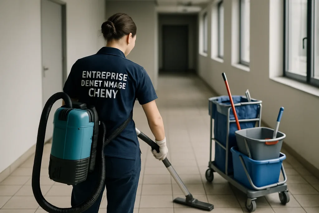 Un agent de nettoyage effectuant un service dans un appartement à CHENY avec des outils modernes.