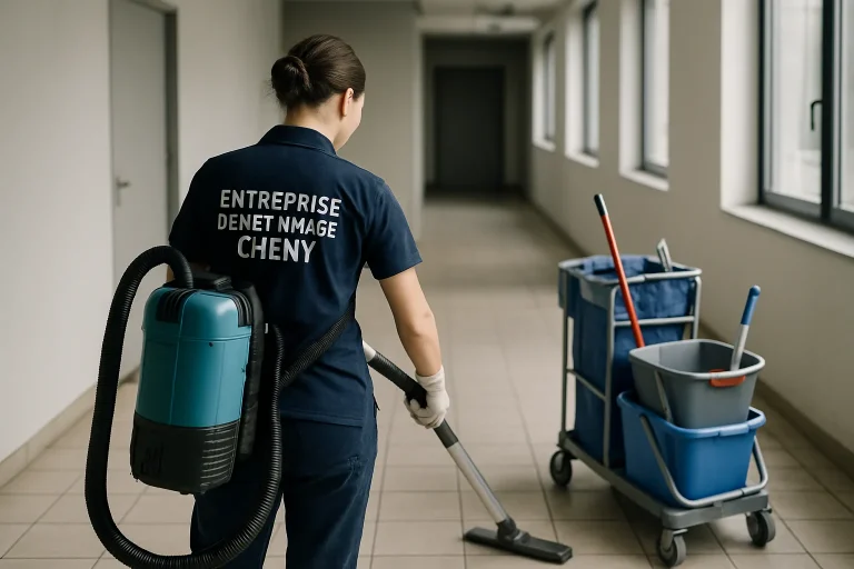 Un agent de nettoyage effectuant un service dans un appartement à CHENY avec des outils modernes.