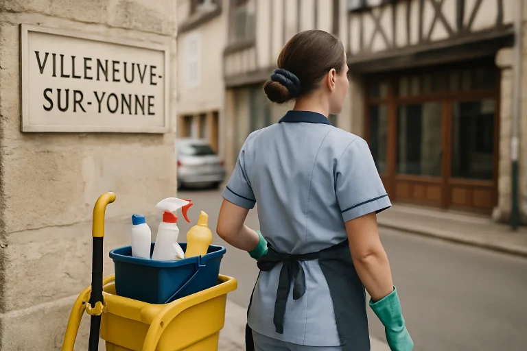 Équipe de nettoyage effectuant des tâches de nettoyage dans un bureau à Villeneuve-sur-Yonne.
