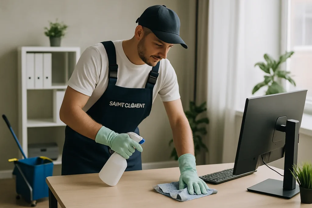 Équipe de nettoyage à Saint-Clément utilisant des équipements professionnels dans un appartement.
