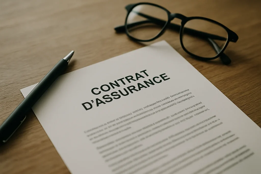 Contrat d'assurance avec stylo et lunettes sur une table, lumière naturelle