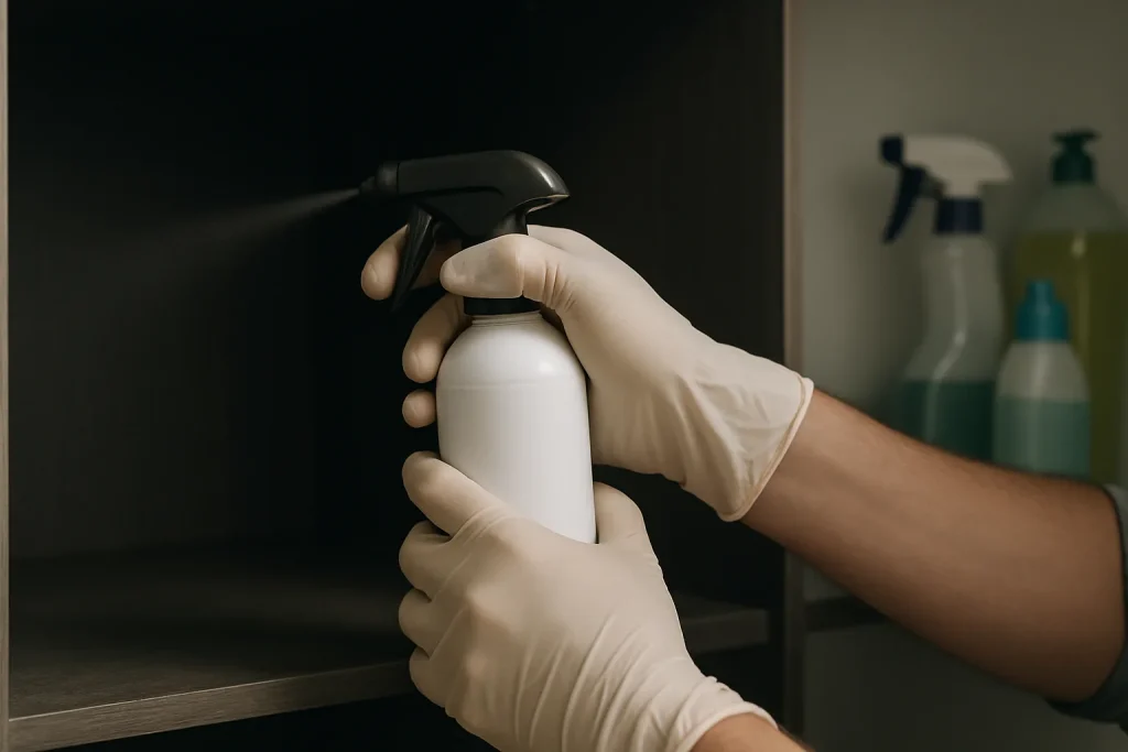 Mains en gants utilisant un vaporisateur d'insecticide dans un placard infesté.