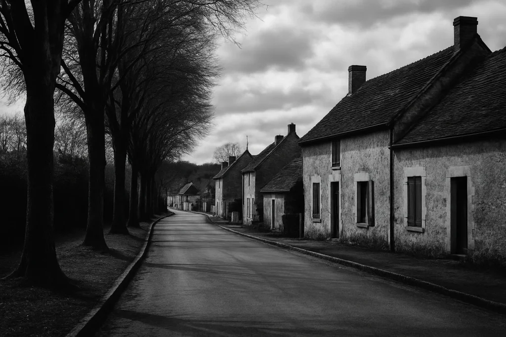 Rue calme à Courson-les-Carrières avec arbres et maisons, en noir et blanc.