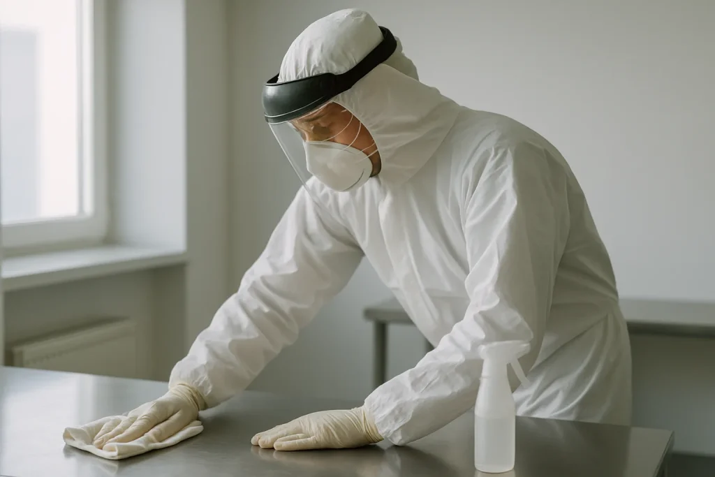 Technicien en combinaison de sécurité effectuant une décontamination, équipements de protection visibles.