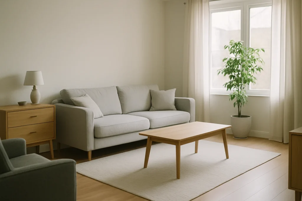 Salon moderne et lumineux avec meubles et plante verte après nettoyage