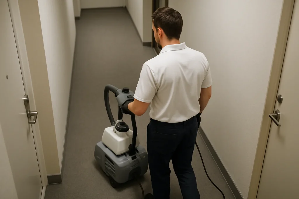 Technicien désodorisant un couloir d'immeuble avec équipement spécialisé.