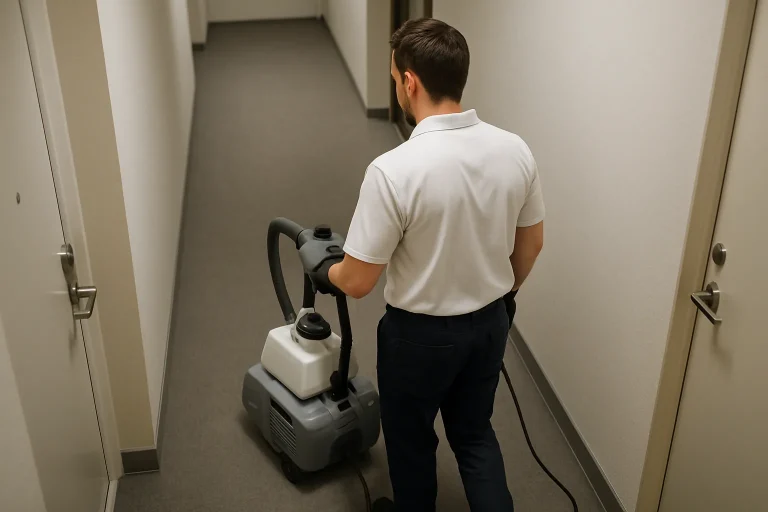 Technicien désodorisant un couloir d'immeuble avec équipement spécialisé.