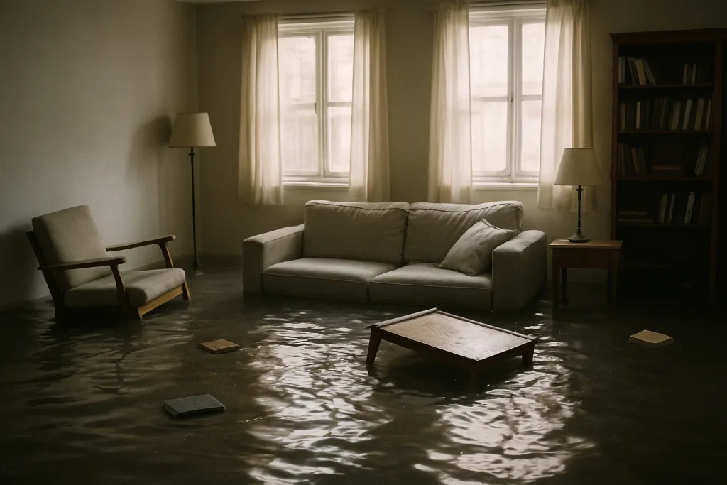 Salon inondé avec meubles éparpillés, lumière douce entrant par les fenêtres