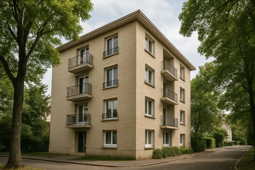 Vue d'un immeuble en copropriété à Paron avec une façade bien entretenue et des arbres environnants.