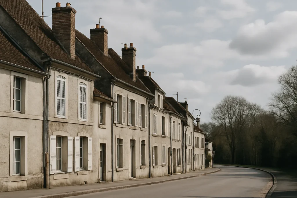 Rue à le Jovinien avec bâtiments anciens et arbres, lumière du jour