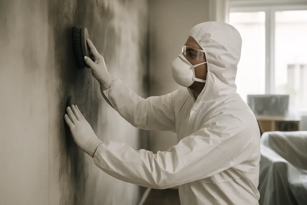 Professionnel nettoyant les murs d'un salon endommagé par un incendie, meubles couverts.