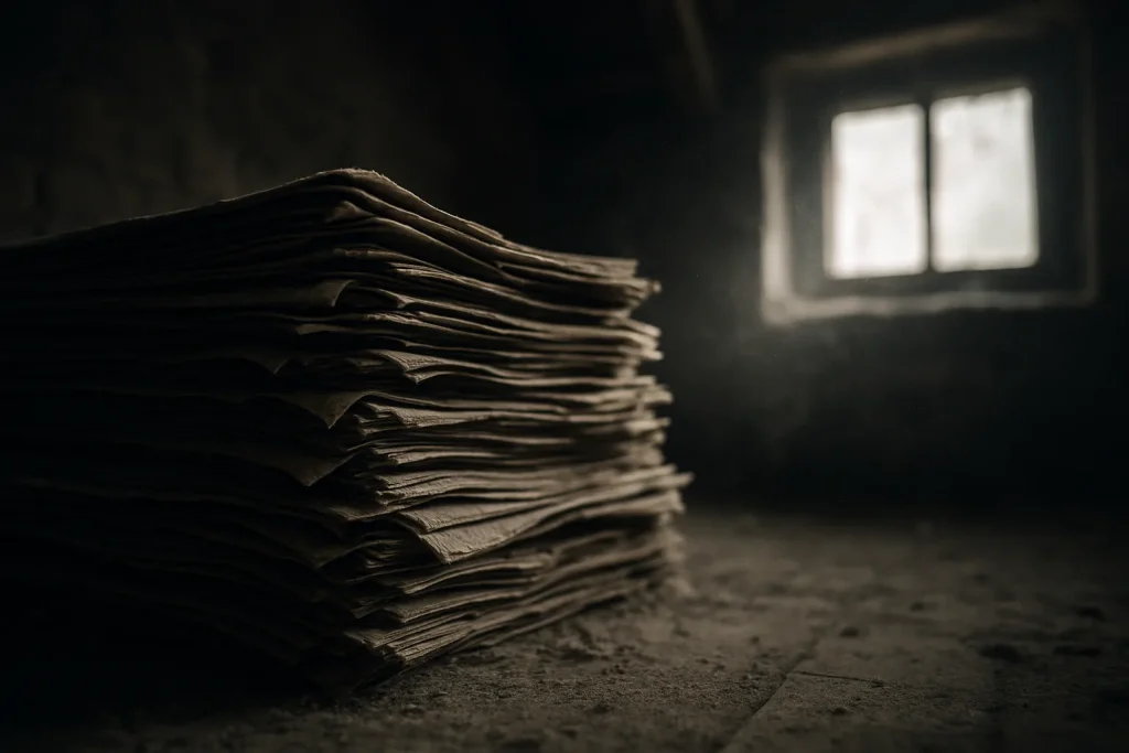 Pile de vieux journaux poussiéreux dans un grenier sombre à Chablis, éclairage naturel