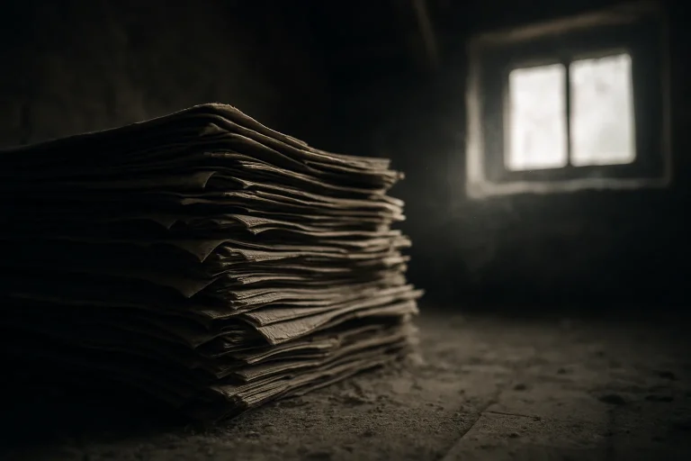 Pile de vieux journaux poussiéreux dans un grenier sombre à Chablis, éclairage naturel