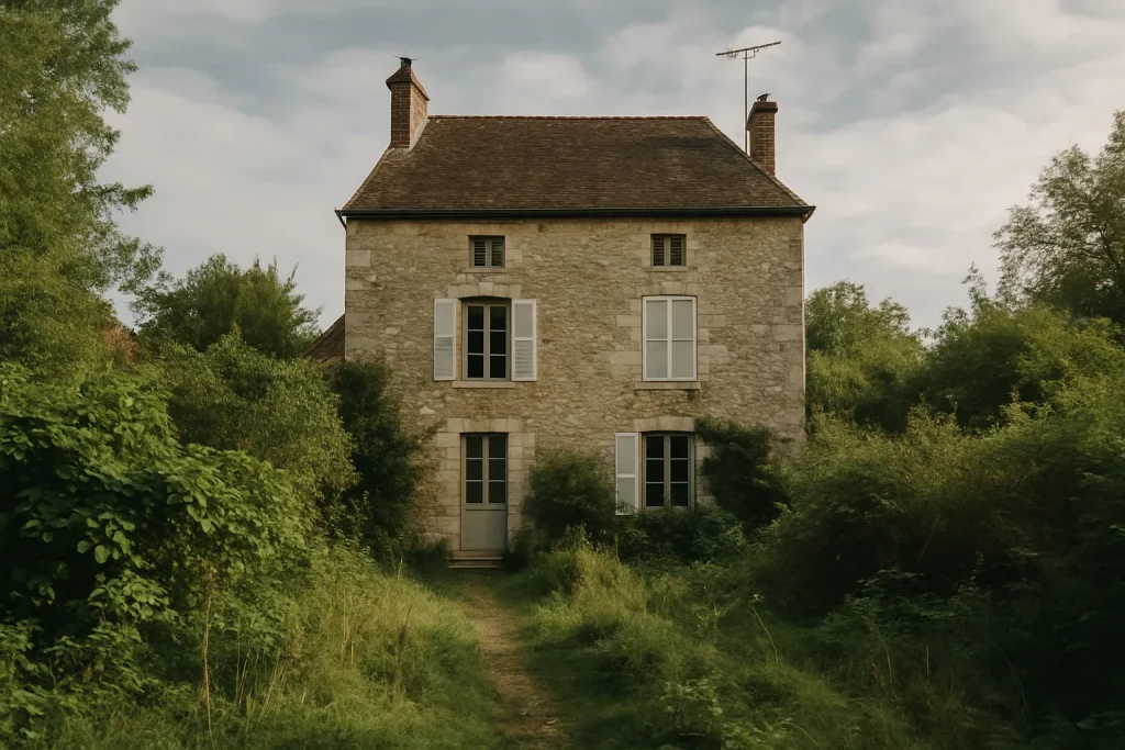 Maison ancienne à l'Auxerrois avec façade en pierre et jardin envahi.