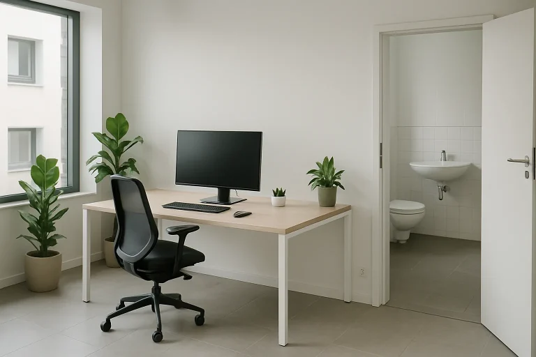 Bureau moderne avec sanitaires adjacents à Villeneuve-sur-Yonne, mobilier épuré