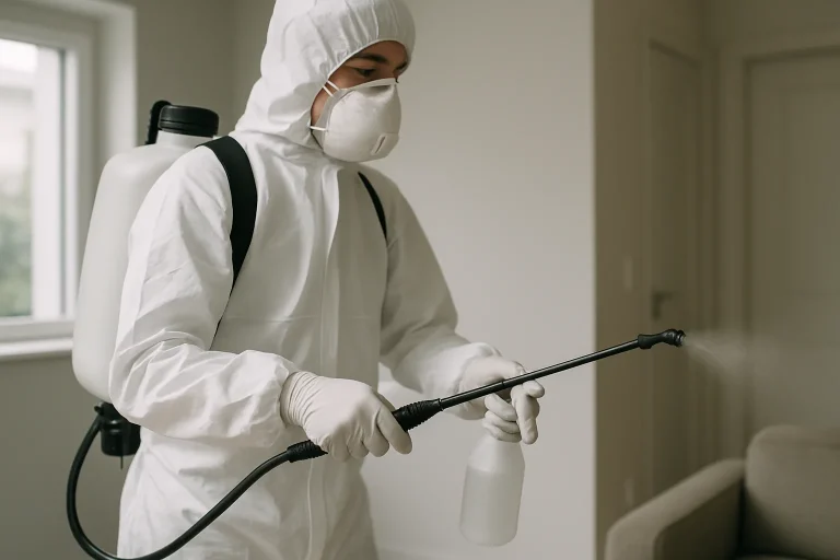Technicien en désinfection en action avec équipement de protection à Saint-Florentin