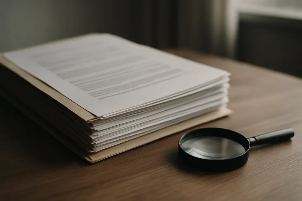 Dossier de documents sur une table avec une loupe, éclairage doux.