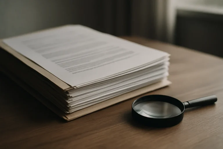 Dossier de documents sur une table avec une loupe, éclairage doux.