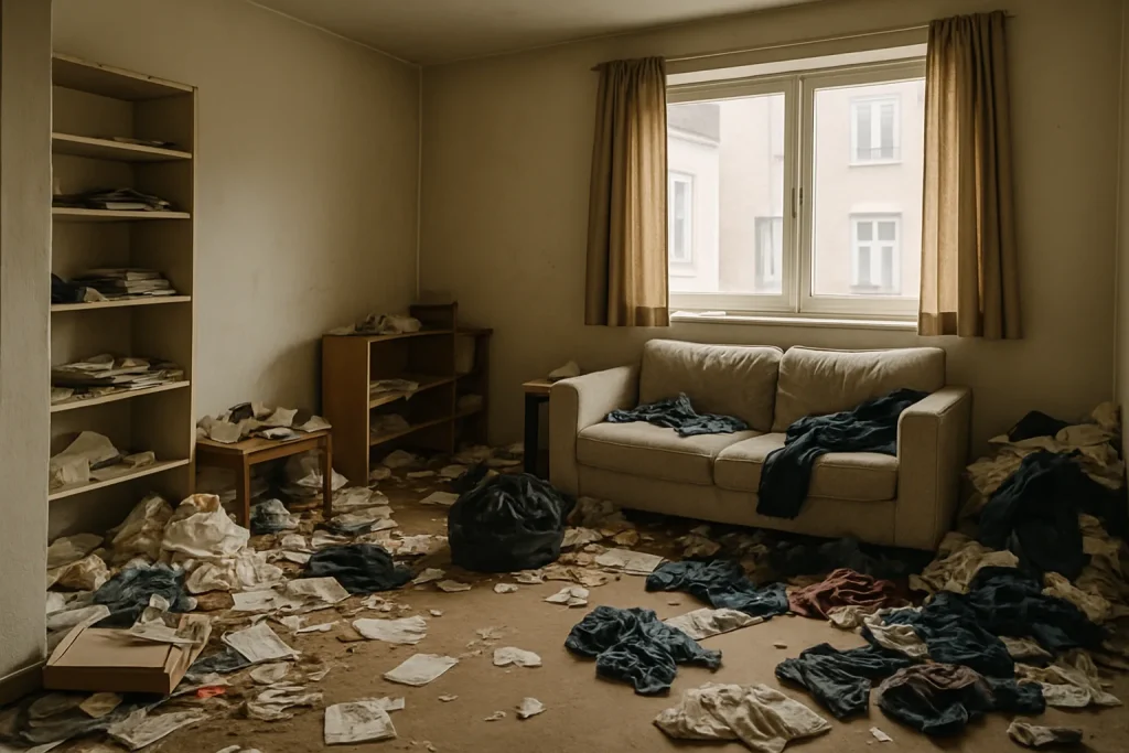 Appartement désordonné à Saint-Clément avec lumière douce, piles de débris visibles