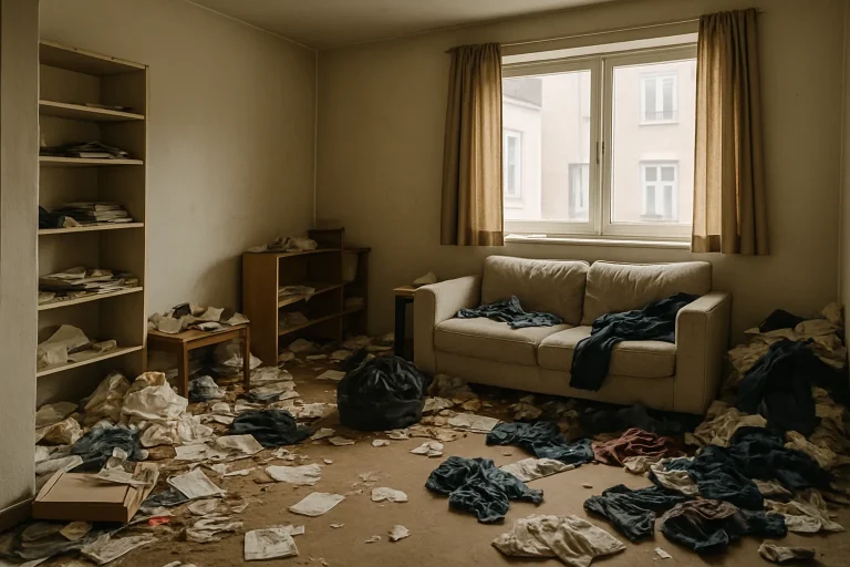 Appartement désordonné à Saint-Clément avec lumière douce, piles de débris visibles