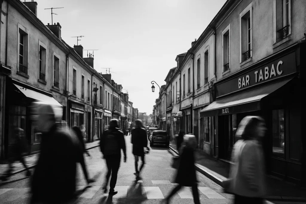 Rue de Migennes avec passants flous, bâtiments alignés, ciel dégagé.