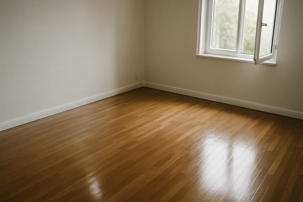 Pièce vide avec parquet brillant et lumière naturelle après nettoyage rapide à Monéteau
