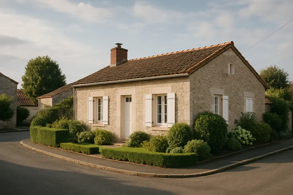 Vue extérieure d'une maison à Saint-Clément, jardin bien entretenu, ciel nuageux