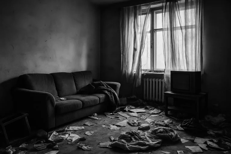 Appartement désordonné à Monéteau après squat, lumière filtrant à travers rideaux.