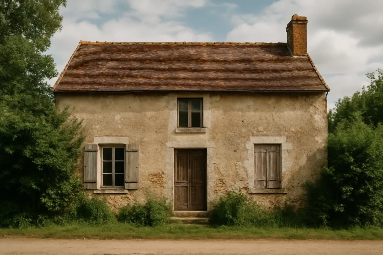 Façade d'une maison en Puisaye avec signes d'abandon, entourée de verdure.