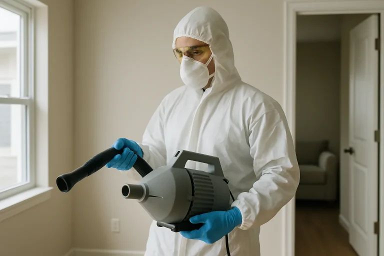 Technicien en combinaison manipulant des outils de désodorisation dans une maison.