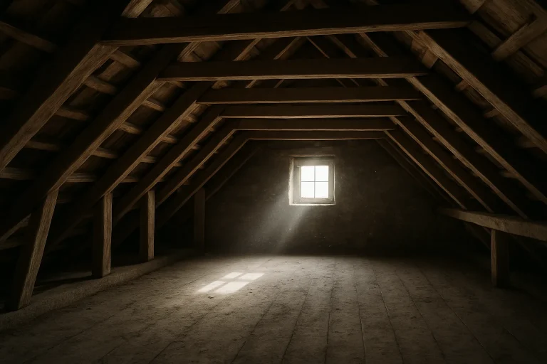 Grenier sous toiture avec poutres en bois, lumière naturelle et poussière visible