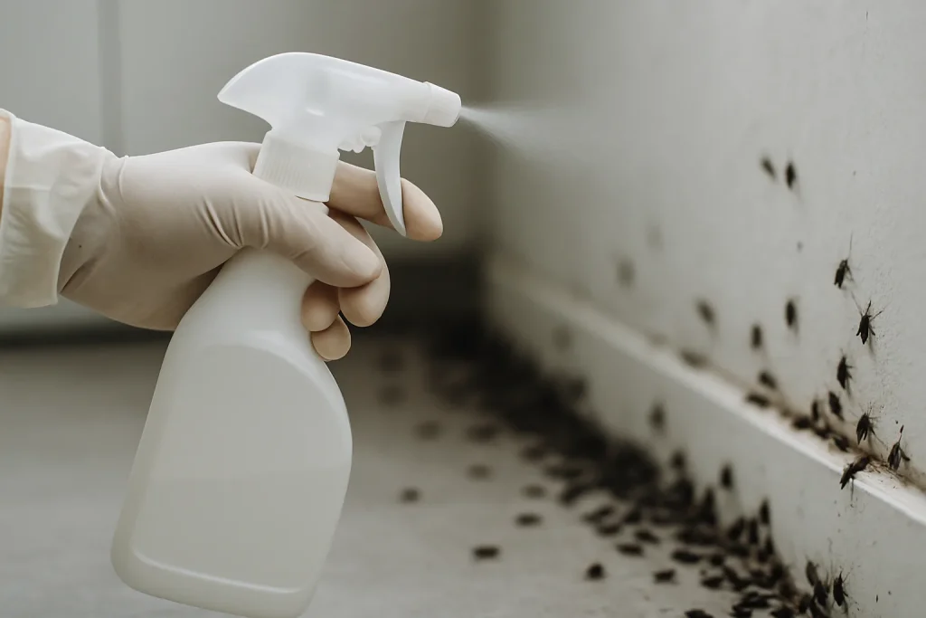 Main gantée utilisant un pulvérisateur de désinfectant dans une zone infestée