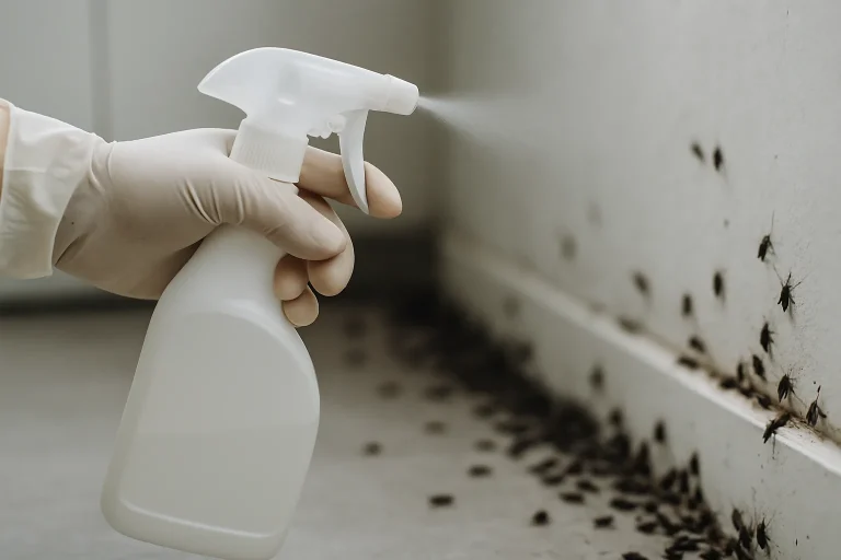 Main gantée utilisant un pulvérisateur de désinfectant dans une zone infestée