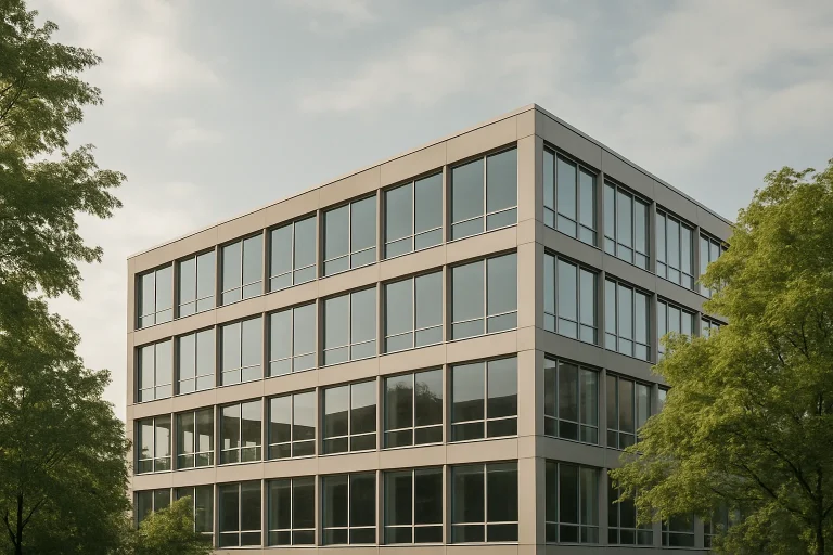 Vue extérieure d'un immeuble de bureaux moderne entouré d'arbres, ciel nuageux