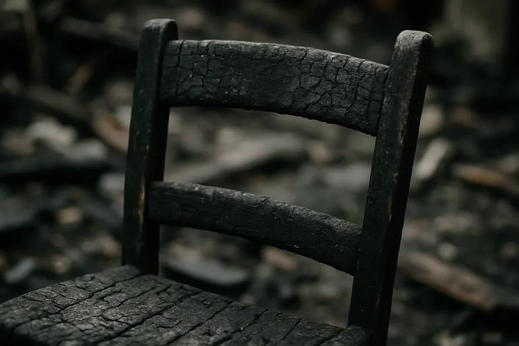 Chaise en bois carbonisée avec suie, débris d'incendie en arrière-plan flou