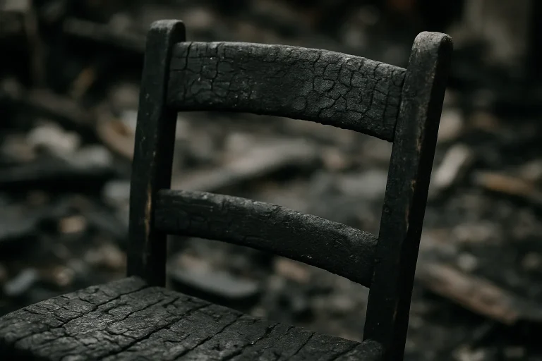 Chaise en bois carbonisée avec suie, débris d'incendie en arrière-plan flou
