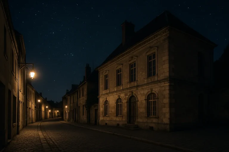 Vue nocturne d'une rue pavée à Avallon avec éclairage des réverbères.