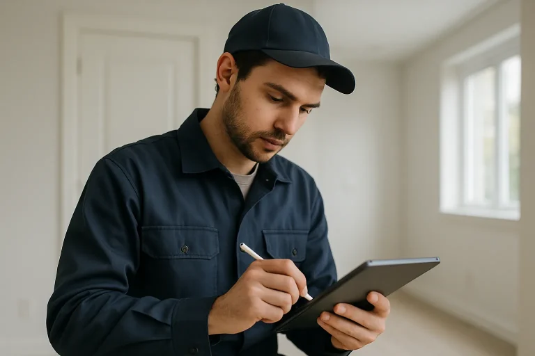 Technicien rédigeant un rapport sur une tablette après nettoyage anti-cafards.