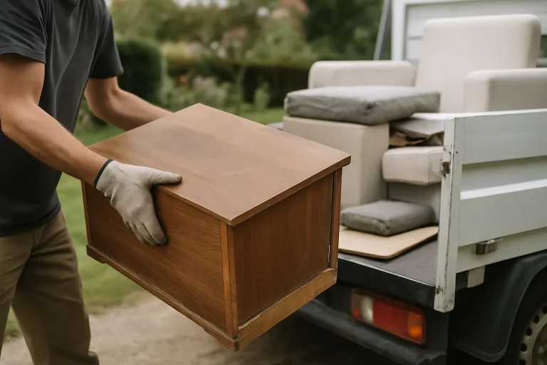 Mains transportant des encombrants vers un camion dans un jardin.
