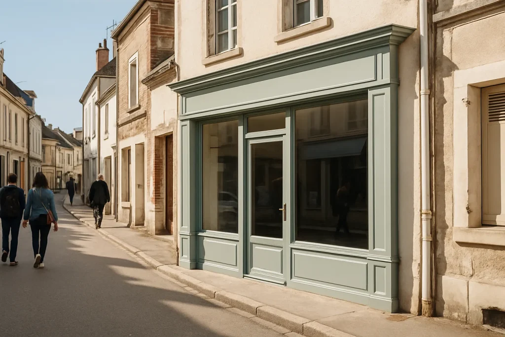 Façade d'un commerce à Charny-Orée-de-Puisaye, propre et rénovée, sous un ciel dégagé.