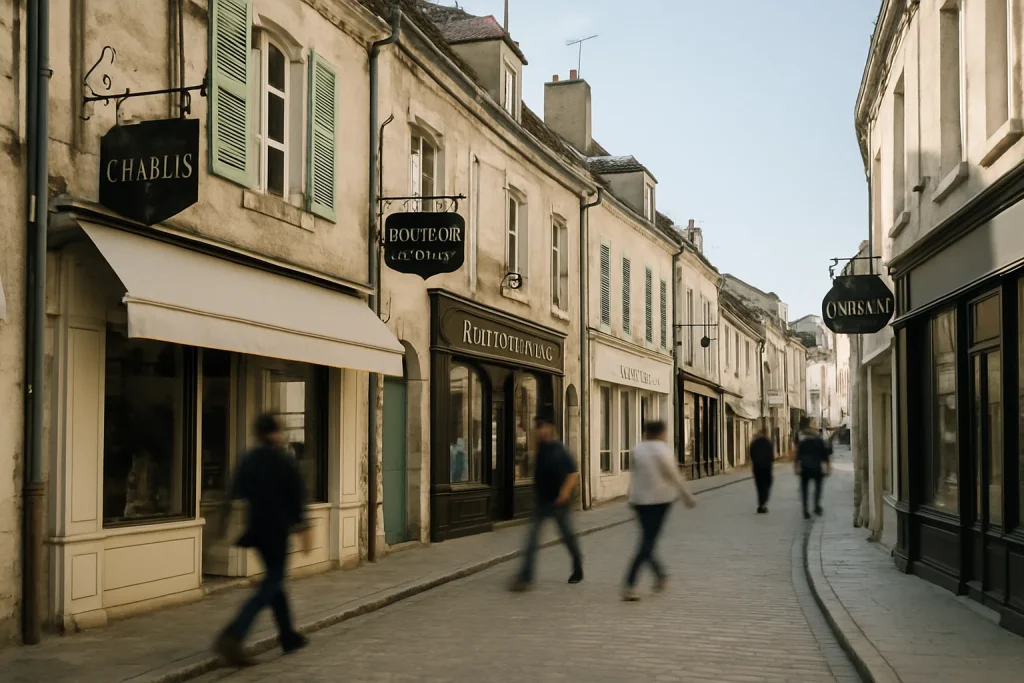 Scène d'une rue commerçante à Chablis avec des boutiques et des passants.