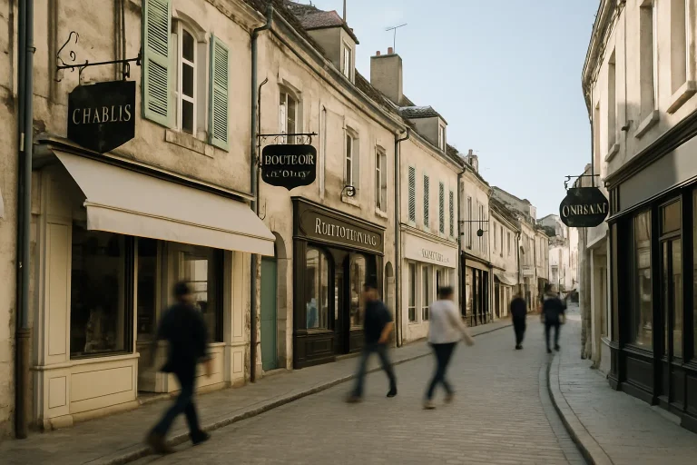 Scène d'une rue commerçante à Chablis avec des boutiques et des passants.