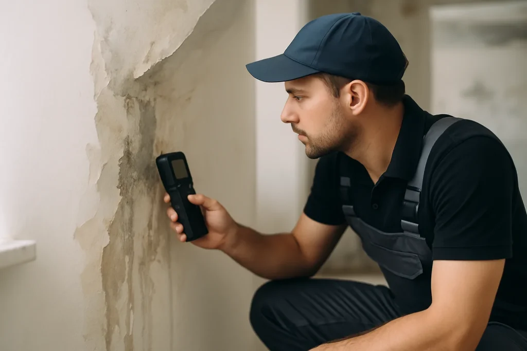Technicien inspectant des dégâts des eaux dans un appartement avec équipement.