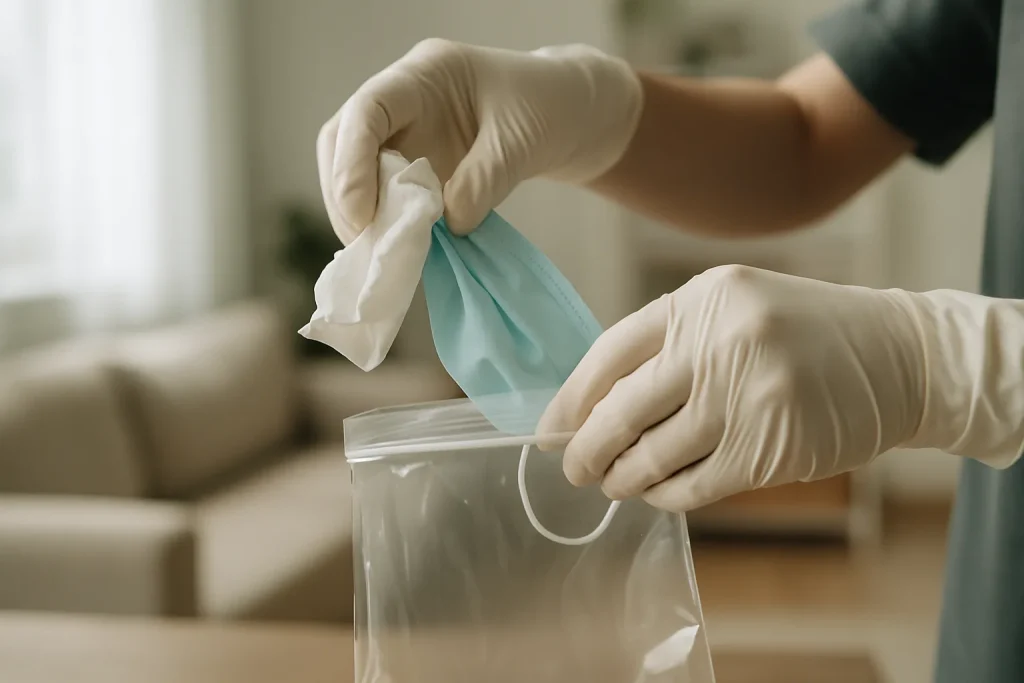 Mains gantées déposant des objets dans un sac hermétique pour décontamination.