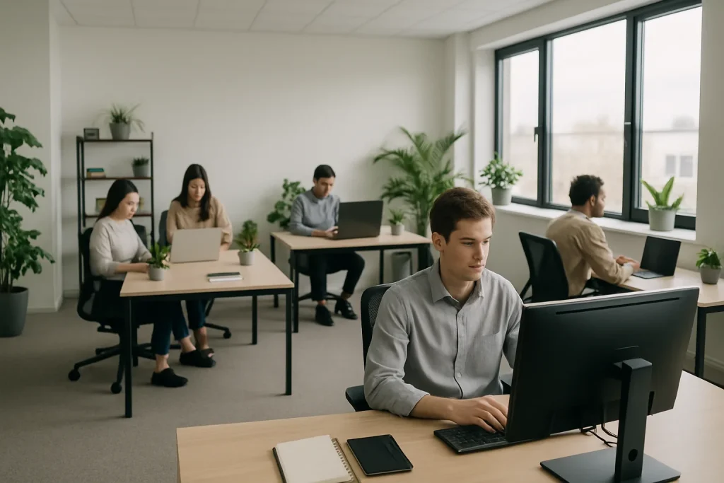 Espace de bureaux moderne à Appoigny avec employés au travail et lumière naturelle