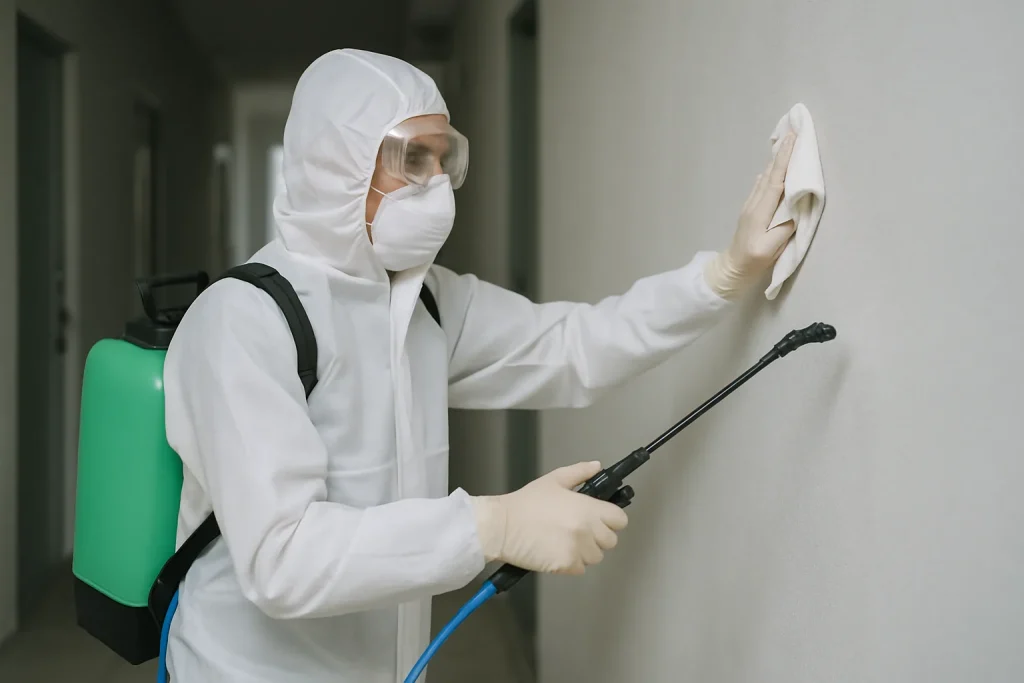 Un professionnel désinfecte un couloir d'immeuble à Monéteau après un incident.