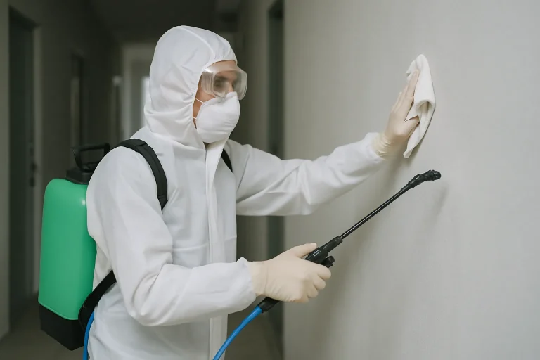 Un professionnel désinfecte un couloir d'immeuble à Monéteau après un incident.