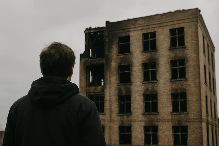 Silhouette de dos face à un bâtiment endommagé par un incendie à Paron.