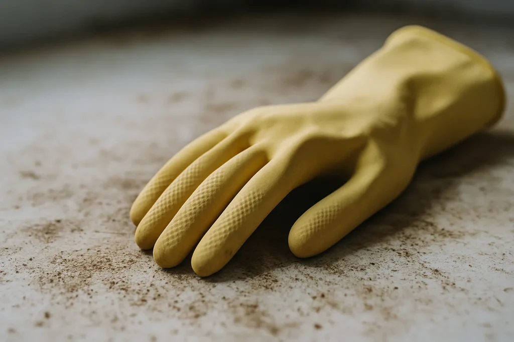Gros plan d'un gant de nettoyage sur une surface sale avec texture visible