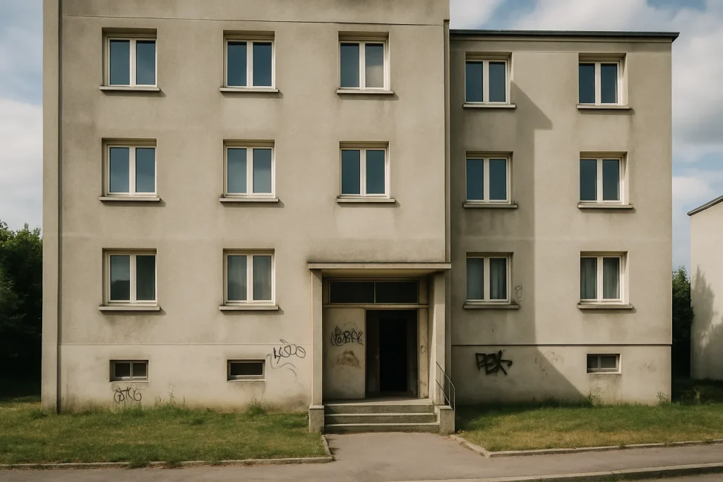 Entrée d'un bâtiment à Sens avec des graffitis, lumière du jour, ciel nuageux.